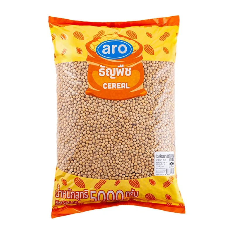 ARO Soybean 5kg in a clear bag, showing dry soybeans ready for cooking or planting, part of ARO's dry grocery product range.
