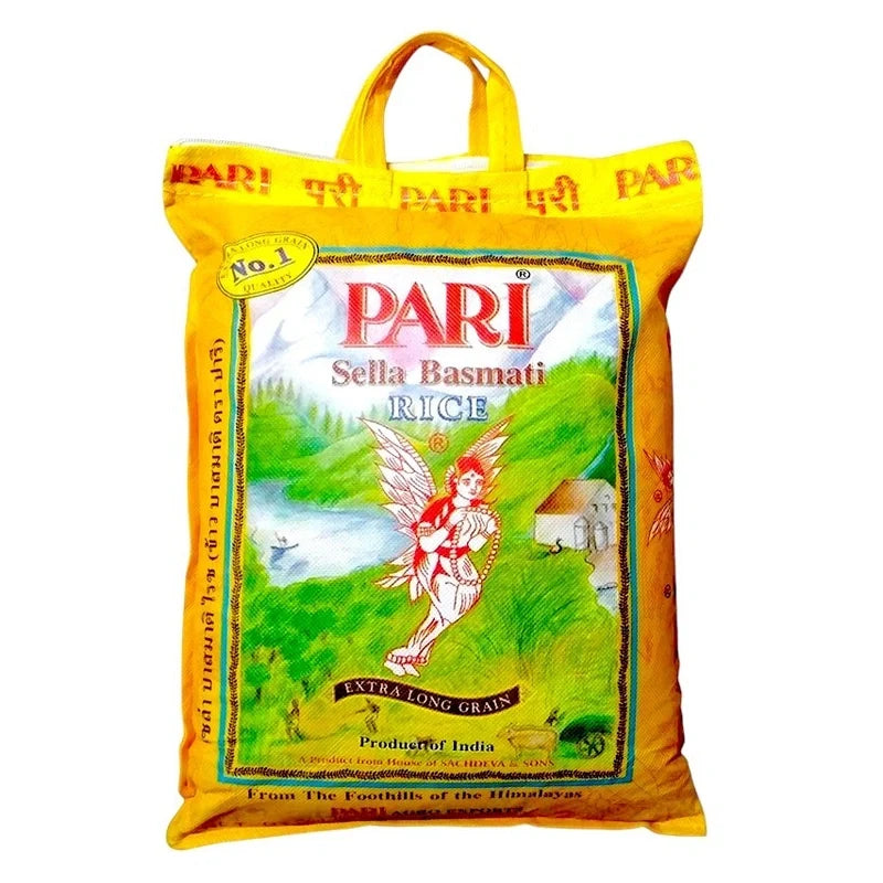 Pack of Pari Sella Basmati Rice 5kg, dry grocery product with a clear image of the rice bag showing branding and packaging details.