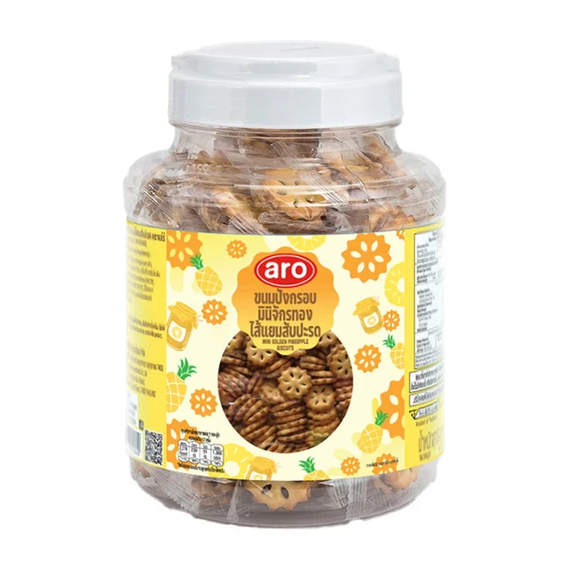 ARO Mini Biscuit Pineapple 510g, dry grocery snack with pineapple flavor, in colorful packaging, suitable for confectionery lovers.