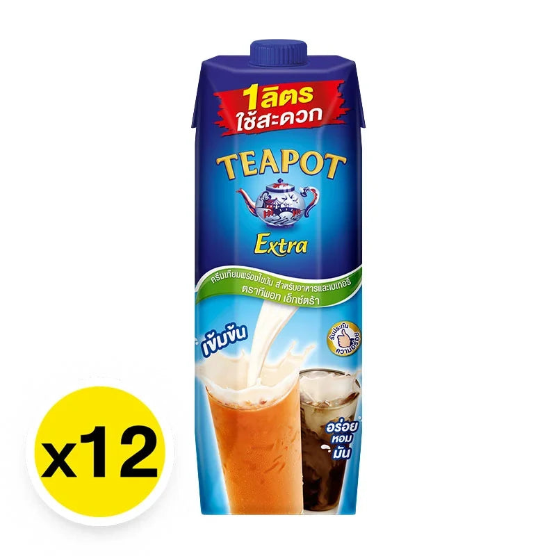 TEAPOT Extra Evaporated Creamer 1L bottle, 12-pack, in a dry grocery product image with white plastic bottles