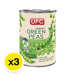 UFC Green Peas in a 15 x 3 pack of dry grocery, showing fresh green peas in a transparent bag.
