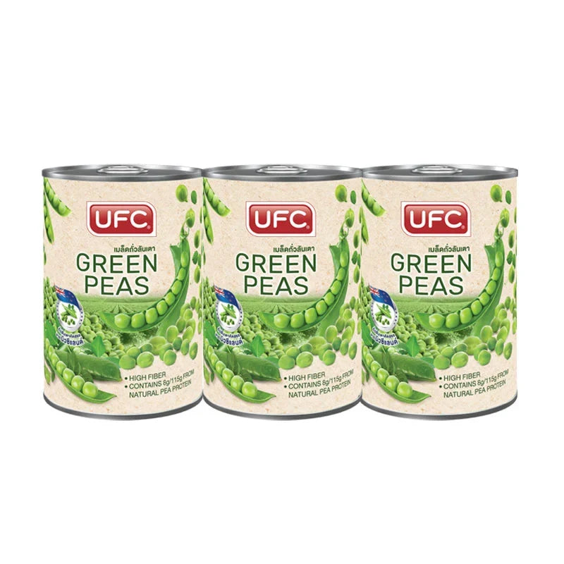 UFC Green Peas in 15 x 3 pack, dry grocery product, showing fresh green peas in a clear bag for cooking or snacking.