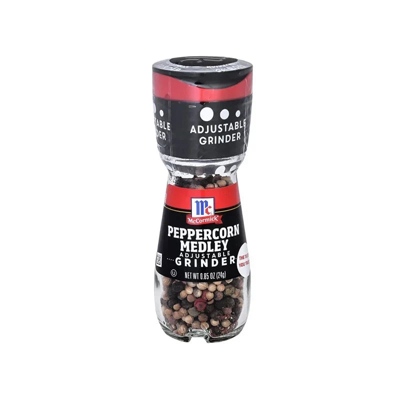 MCCORMICK Peppercorn Medley Grinder with mixed black, white, green, and pink peppercorns in a clear grinder bottle.