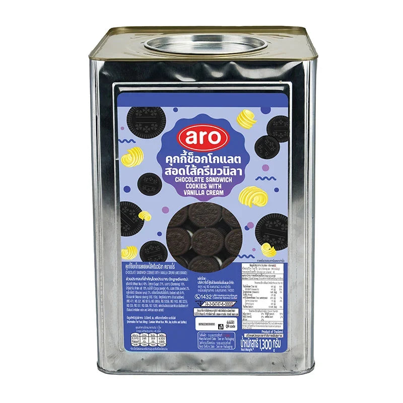 ARO Chocolate Sandwich Cookies with vanilla cream in a 1.3kg package, featuring crispy cookies filled with creamy vanilla filling.