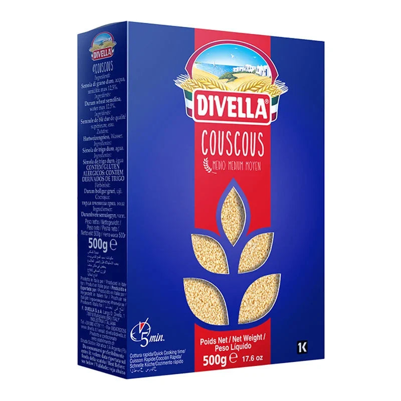 Divella Couscous 500g package of dry grocery product with clear branding and textured surface in the image.