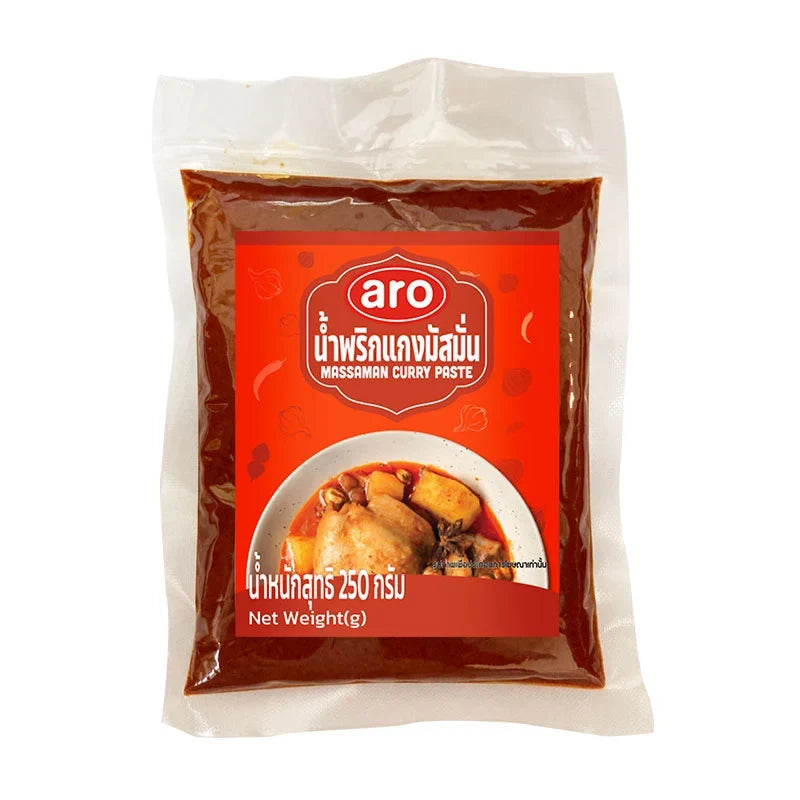 ARO Massaman Curry Paste 250g in a sealed jar, traditional Thai dry grocery product with rich, aromatic spices for cooking.