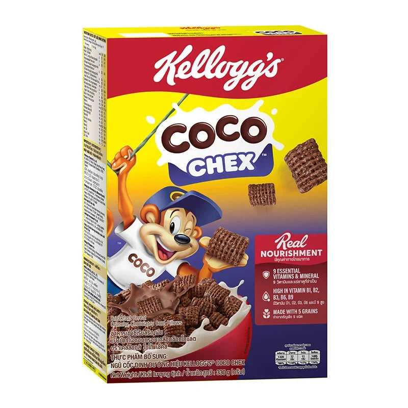 Kellogg’s Coco Chex cereal in a 330g package, dry grocery product with a colorful box featuring chocolate and cereal pieces.