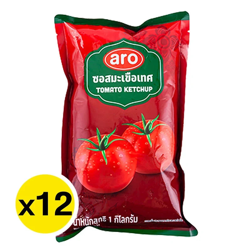 A box of 12 ARO Tomato Sauce bottles, 1kg each, displayed in a retail setting, showcasing the product packaging and labeling.