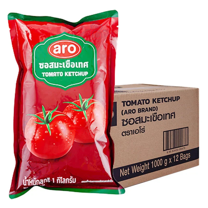 Arowana ARO tomato sauce 1kg packs, showing 12 cartons of savory tomato sauce bottles, ideal for dry grocery shopping.