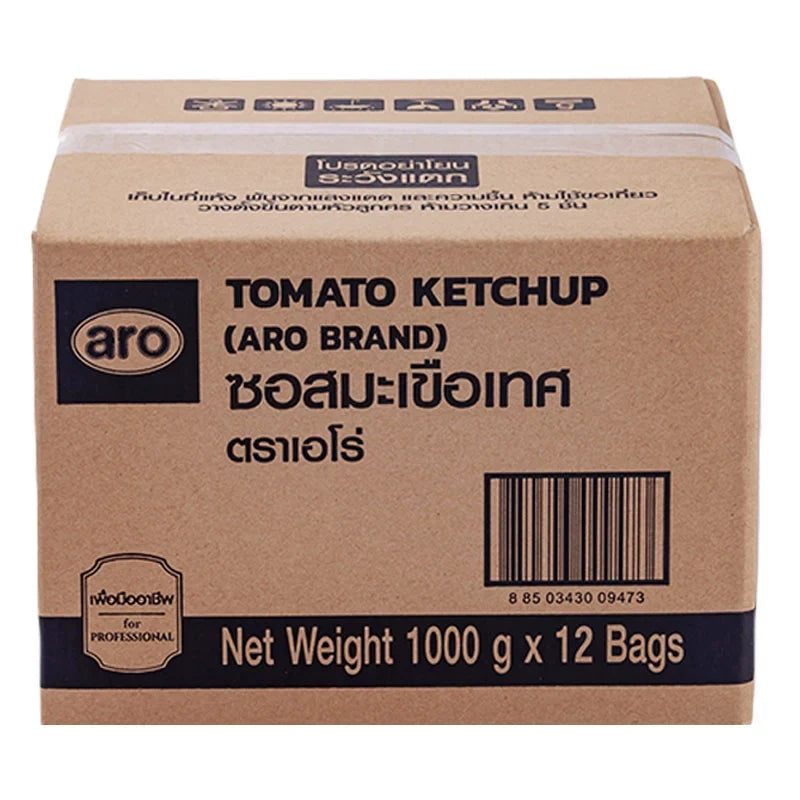 ARO Tomato Sauce 1kg pack, dry grocery, 12-pack, bottled tomato sauce with rich red color and label, ideal for cooking.