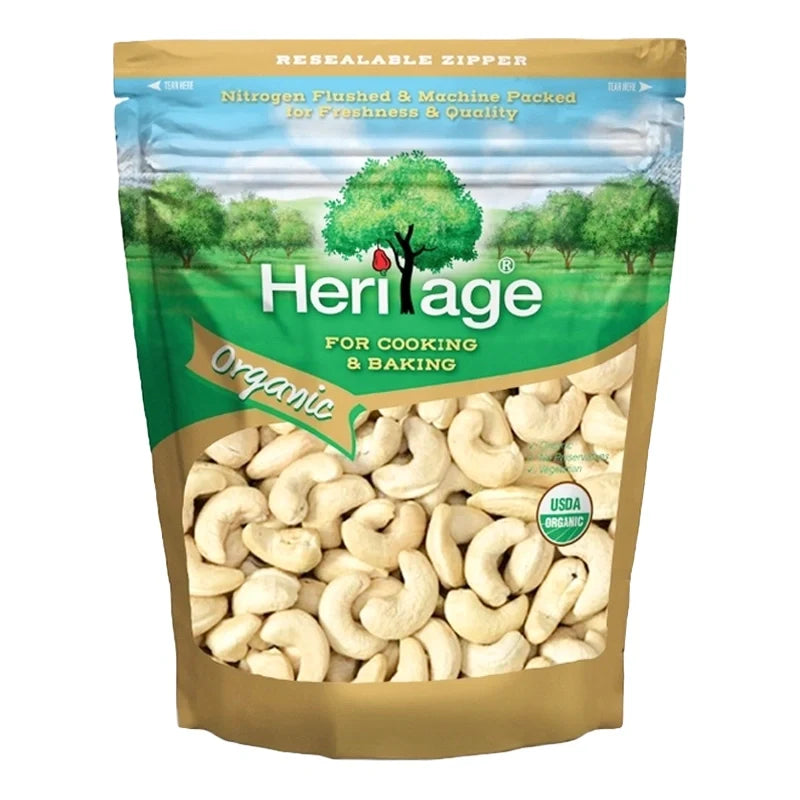 Heritage Organic Raw Whole Cashew Nuts in a 250g pack, dry grocery product with whole, raw cashew nuts visible in the image.