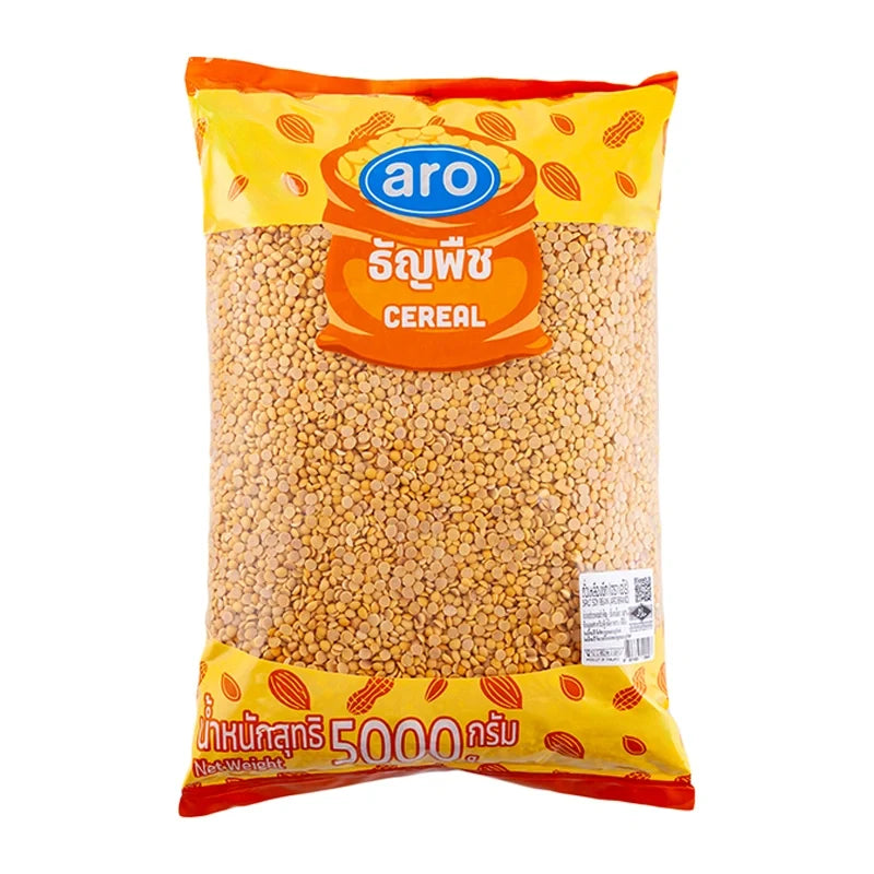 ARO Split Soybean 5kg in a clear plastic bag, dry grocery product, showing the beige split soybeans inside.