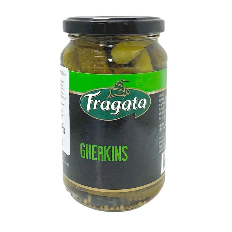 Jar of Fragata Gherkin Pickles 345g showing a glass jar filled with small, crunchy gherkin pickles in brine.