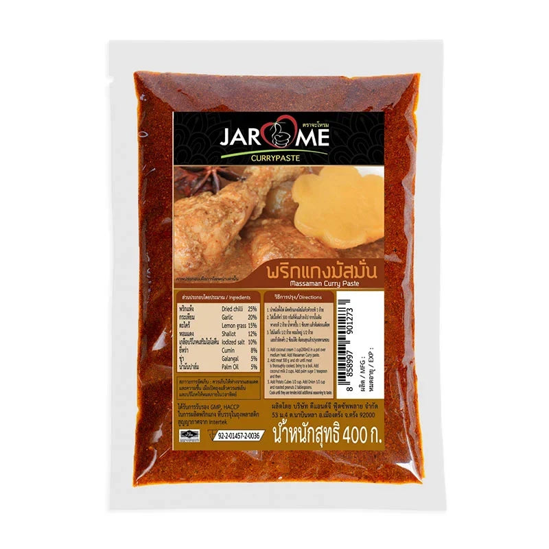 Jarome Massaman Curry Paste 400g jar, Thai-style dry grocery product with rich, aromatic curry flavor and authentic ingredients.