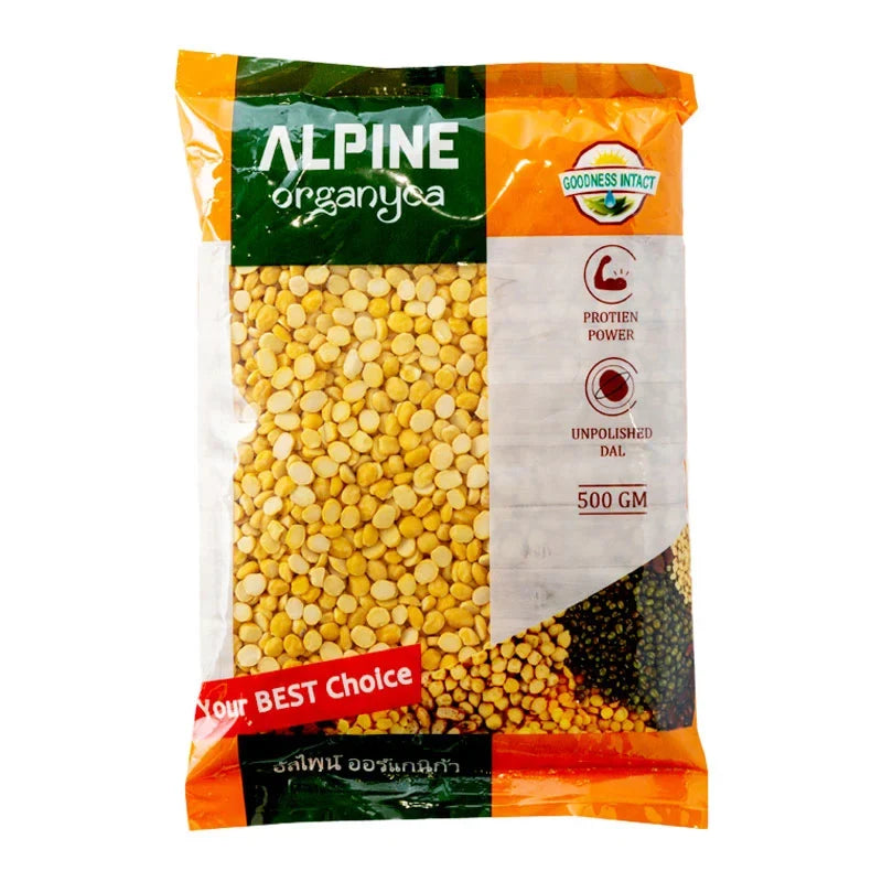 Alpine Chana Dal 500g package of dry grocery lentils in a clear plastic bag with label showing product details.
