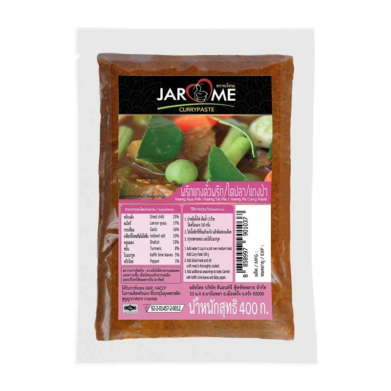 Jarome Chili Curry Paste 400g jar, featuring vibrant red chili and spice blend label, for Thai and Asian cooking.