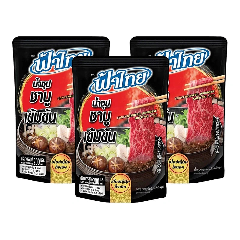 Fathai Shabu Soup 200ml bottles, three-pack of dry grocery soup base with traditional Asian flavor in clear bottles.