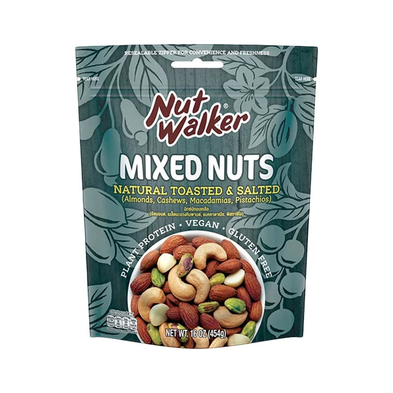 NUT Walker Mixed Nuts 454g jar with a variety of colorful, roasted mixed nuts in a clear container.