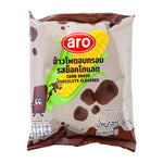 Aro Corn Snack Chocolate flavored 18g pack, crunchy snack for dry grocery and confectionery, shown in a colorful package.