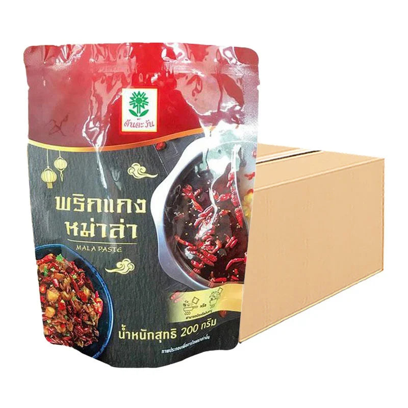 Tontawan Mala Paste 200g pack, dry grocery product from TONTAWAN brand, showing multiple sealed packs of spicy chili paste.