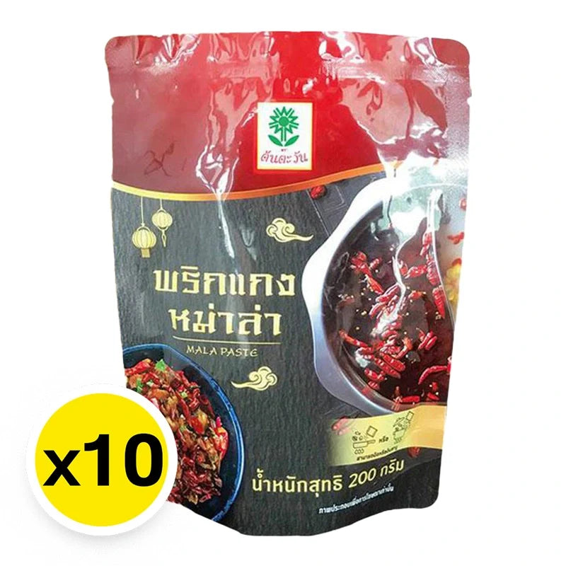 Tontawan Mala Paste 200g x10, dry grocery product, showing ten packets of spicy red mala paste in individual packaging.