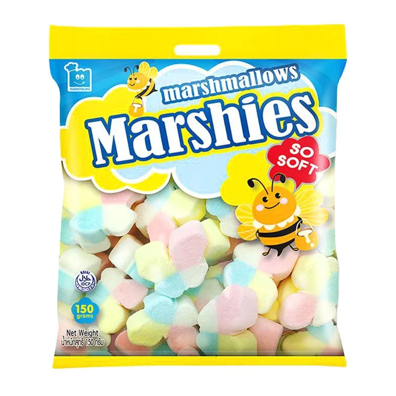 Marshies Vanilla Butterfly Marshmallows in 150g pack, a dry grocery snack with colorful butterfly-shaped vanilla-flavored marshmallows.