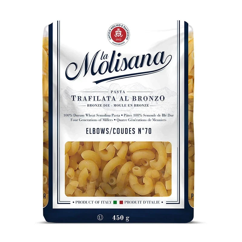Dry grocery image of Lamolisana Spaghetti Elbow No.70 pasta in a 450g package, showing the pasta's curved shape and branding.