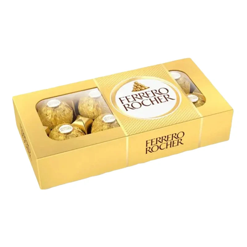 Ferrero Rocher Chocolate T8 100g box with gold-wrapped hazelnut chocolates on a white background.
