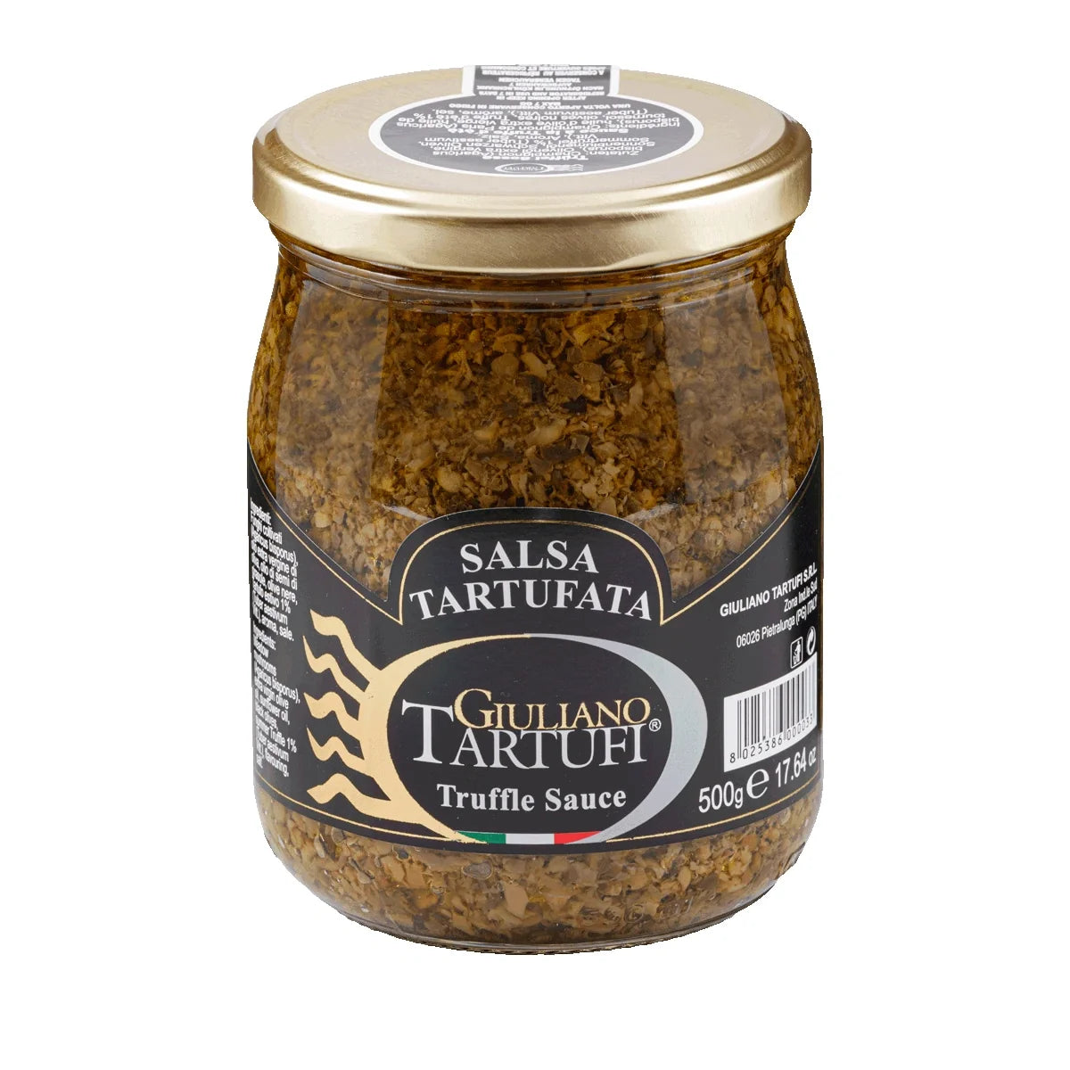 Giuliano Tartufi truffle sauce in 500g jar, dry grocery product with rich black truffle flavor, labeled with brand and product details.