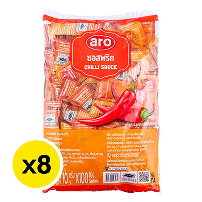 ARO Chilli Sauce 10g x8 packets, spicy dry grocery condiment with vibrant red chili flavor in individual sachets.
