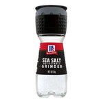 Mccormick Sea Salt Grinder 60g with black plastic body and clear window showing coarse sea salt inside, used for seasoning.