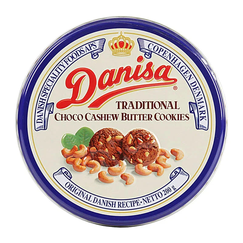 Danisa traditional choco cashew butter cookies in 200g package, showcasing golden-brown cookies with chocolate and cashew toppings.