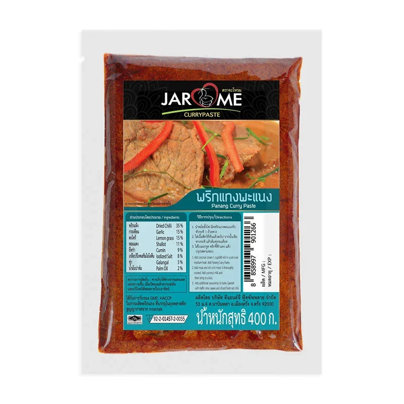 Jarome Panang Curry Paste 400g jar showing the dry grocery product with label and packaging.