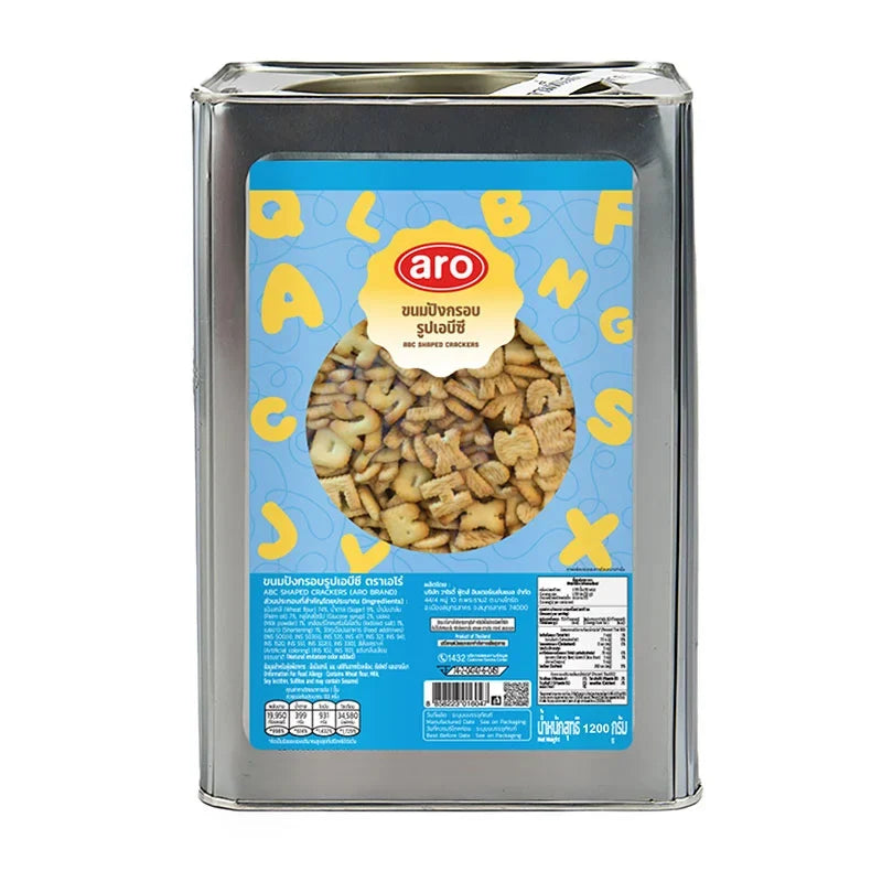ARO Abc Crackers 1.2kg, dry grocery snack with crispy, golden biscuits from the ARO brand, shown in a close-up image.