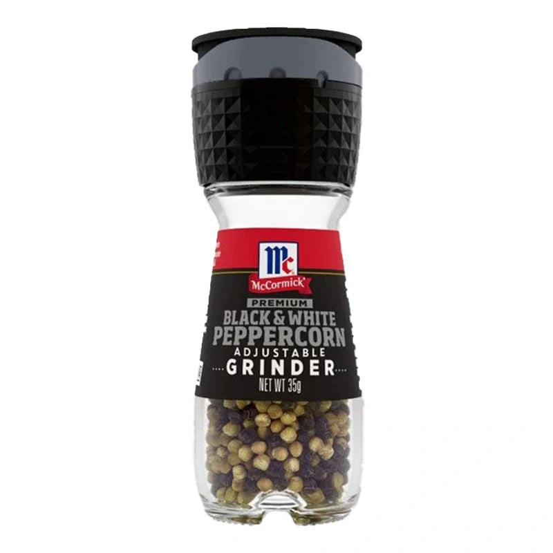 Mccormick Black & White Peppercorn 35g jar showing black and white peppercorns in clear glass container.