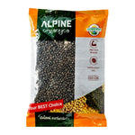 Alpine Black Dal 500g in a clear plastic bag, showing the dry, black lentils suitable for Indian cuisine and cooking.