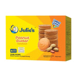 Julie's Peanut Butter Biscuit 210g, dry grocery snack with crispy biscuits and peanut butter flavor, in colorful packaging.