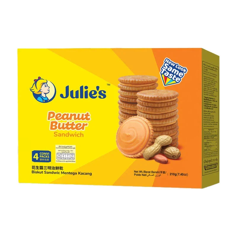 Julie's Peanut Butter Biscuit 210g, dry grocery snack with crispy biscuits and peanut butter flavor, in colorful packaging.