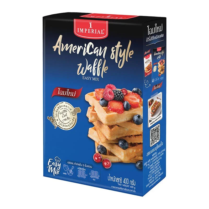 Makro Imperial Waffle Mix Flour 400g package, dry grocery product with a bright label and product image on the front.