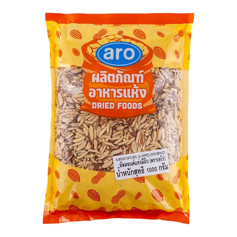 A bag of ARO Almond Natural Slivered, 1kg, showing thin almond slices in clear packaging for dry grocery use.