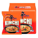Nongshim Shin Ramyun spicy kimchi noodle pack, 120g, dry grocery, with vibrant packaging and steaming hot noodles inside.