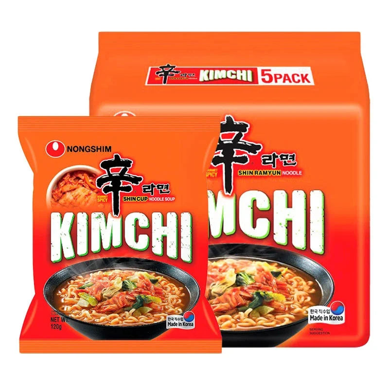 Nongshim Shin Ramyun spicy kimchi noodle pack, 120g, dry grocery, with vibrant packaging and steaming hot noodles inside.