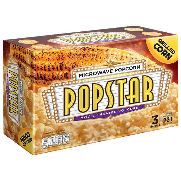 Popstar microwave popcorn featuring grilled corn flavor, displayed in a colorful snack package.