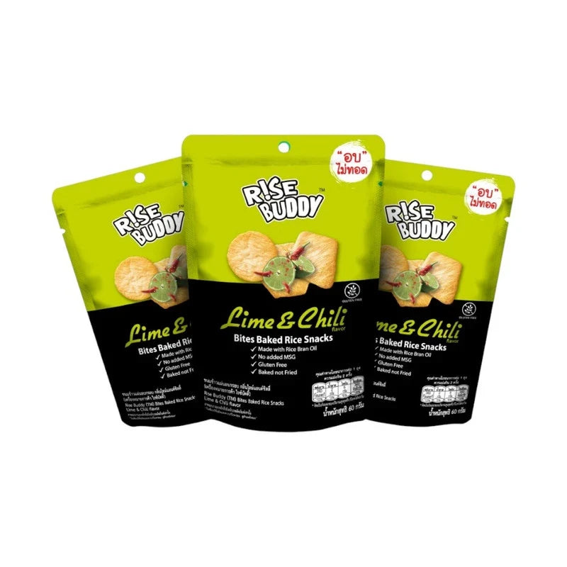 Rise Buddy Crispy Rice Snacks, crunchy rice confectionery in a colorful package, ideal for a sweet snack.