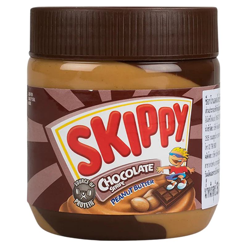 Creamy Skippy Chocolate Peanut Butter jar with label visible, showcasing the popular grocery product on a neutral background.