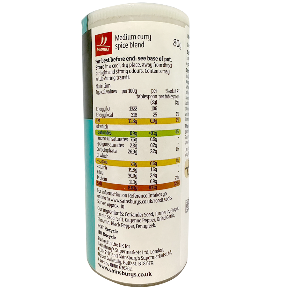Sainsbury's Itc Medium Curry Powder jar, grocery product with a yellow label and spice blend inside.