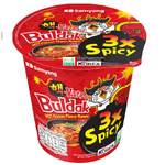 Samyang Buldak Hot Chicken 3x Ramen Cup, spicy Korean instant noodle soup in a takeout cup.