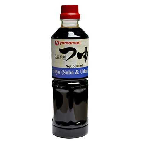 Bottle of Yamamori Tsuyu Japanese dipping sauce for sushi and tempura, featuring clear liquid and label with Japanese characters.