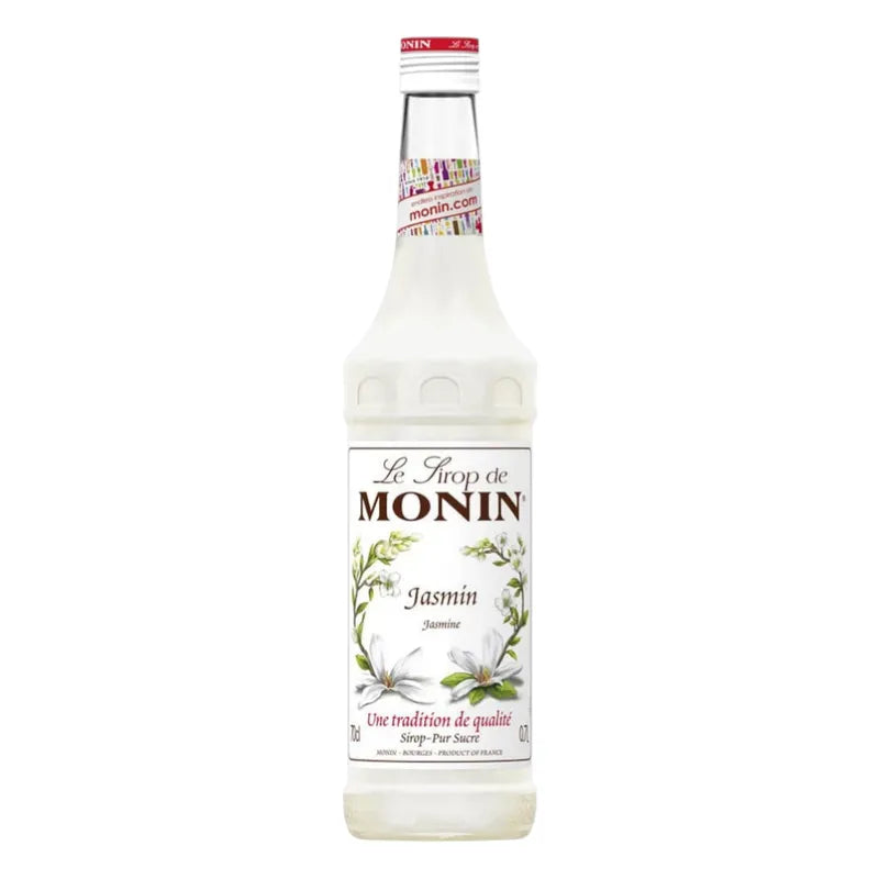 Monin Jasmine Syrup 700ml bottle, dry grocery product with a clear label and elegant packaging for gourmet beverages.
