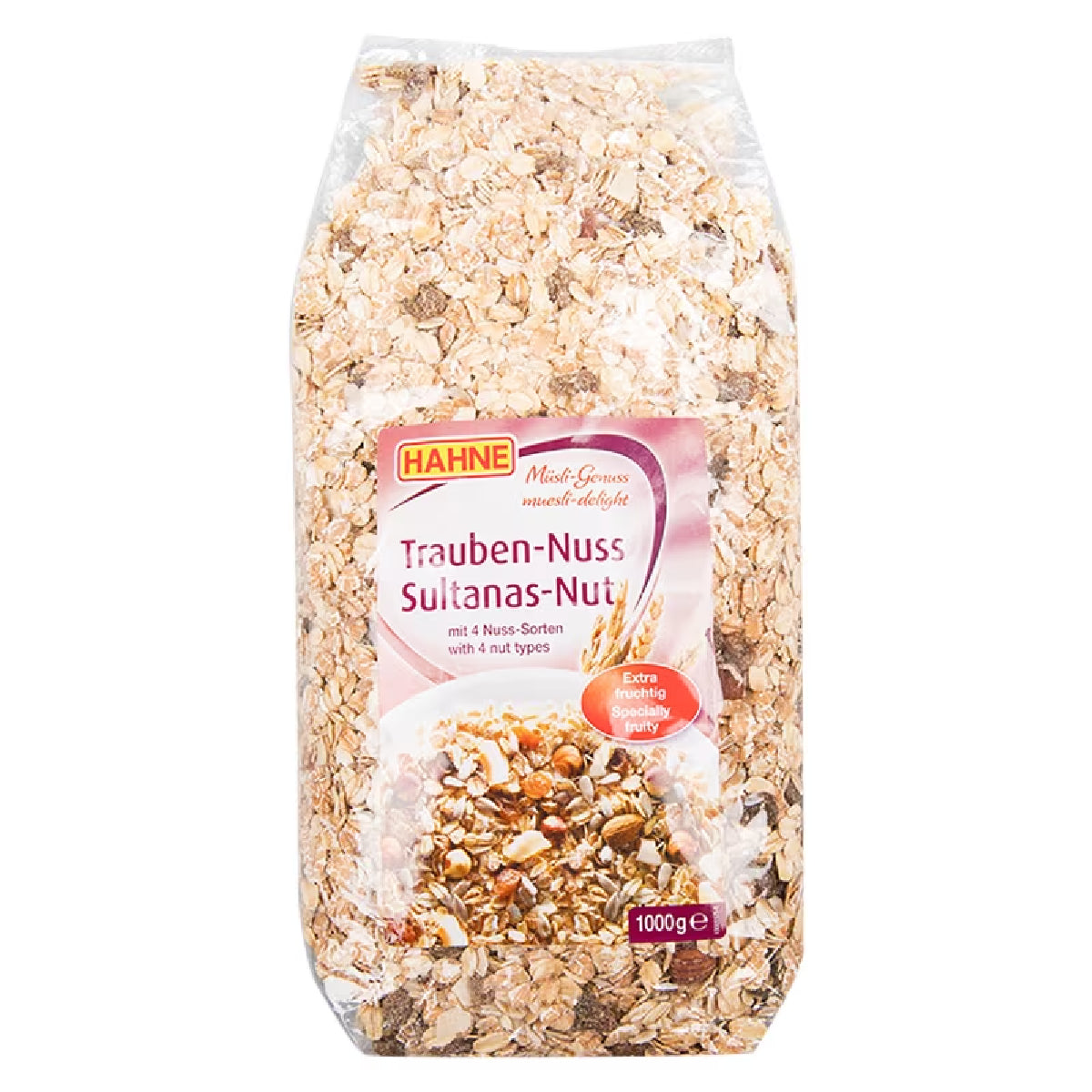 Hahne Raisin Nut Muesli in a bowl, showing oats, raisins, nuts, and grains, healthy breakfast from the grocery product line.